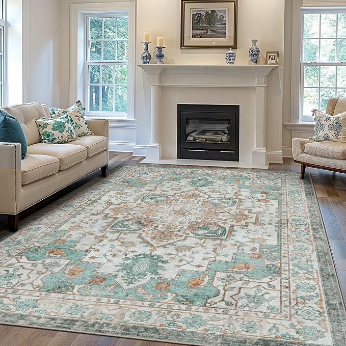 GENIMO 8x10 Area Rugs for Living Room, Machine Washable Non Slip Vintage Rugs, Low Pile Lightweight Print Rug for Bedroom, Dining Room, Home Office, Cyan