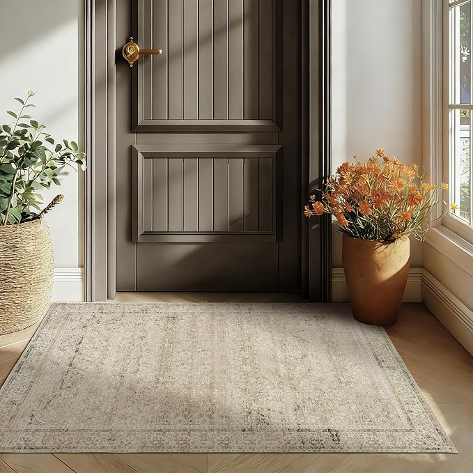 3x5 Small Entryway Area Rug Indoor for Front Door Entry Way,Washable Non Slip Ultra Thin Modern Farmhouse Neutral Boho Door Mat Entrance,Tan Brown and Cream Beige