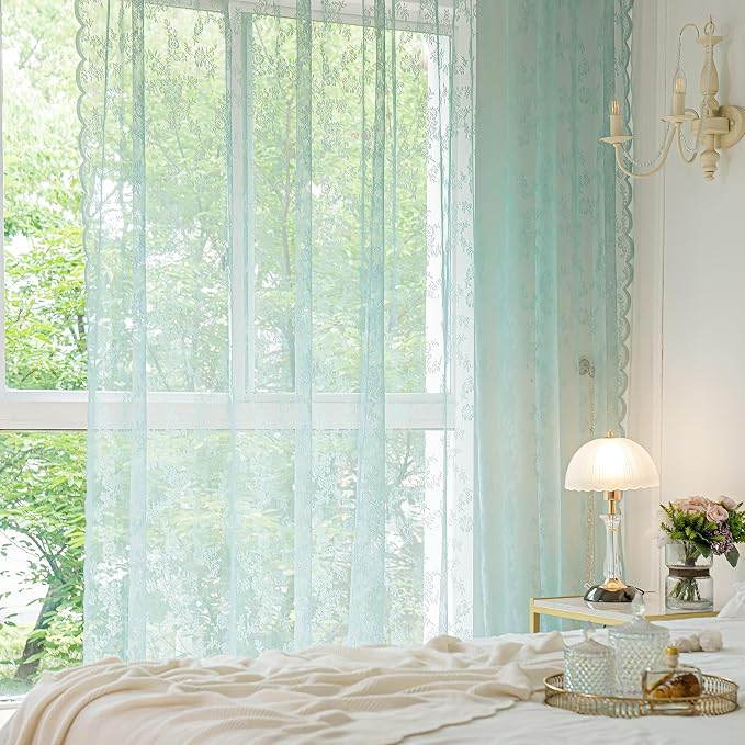 Sutuo Home Teal Blue Lace Curtains 84 Inches Long 2 Set, Sheer Panels Rose Floral Embroidery Vintage Window Treatment Pair for Bedroom Living Room, Retro Christmas Decor Rod Pocket, W57 x L84