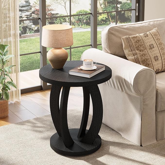 Tribesigns Round End Table, Rustic Side Table with Storage | Nightstand Bedside with Round Tabletop; Accent End Table for Living Room, Bedroom, Small Space
