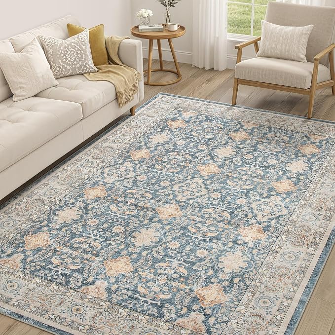 Vintage Living Room Area Rug 5x8 - Large Soft Washable Oriental Traditional Distressed Farmhouse Rugs for Bedroom - Indoor Floor Accent Carpet for Home Office House Decor - Dark Blue