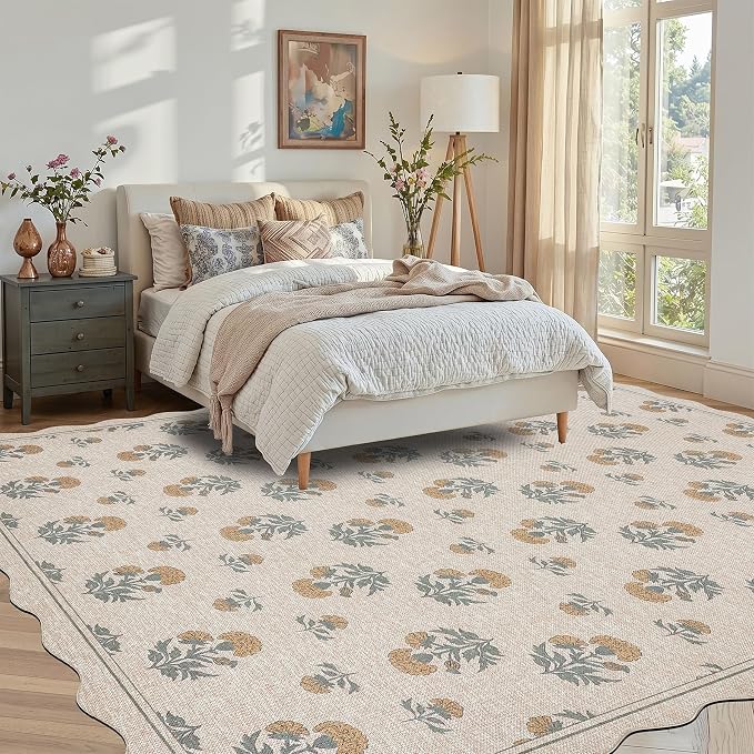 ORTIGIA Scalloped Easy Jute 8x10 Area Rug Vintage Yellow Floral Farmhouse Washable Rug Non-Slip Indoor Outdoor Carpet for Living Room Bedroom Patio Entryway