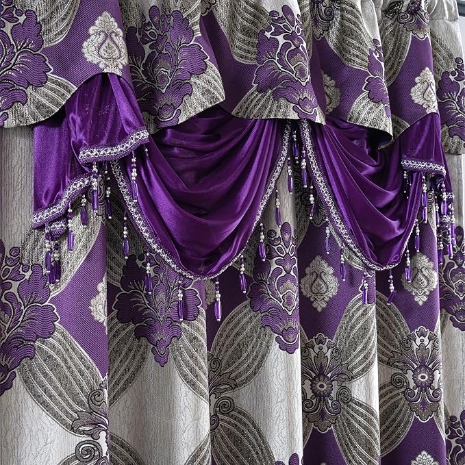 Petrichor Elegant Curtains with Gold Silver Threads 2 Panels Set - Luxury Window Treatment Attached Valance, Sheer Backing, and 2 Tie Backs for Bedroom and Living Room, 54x63 inches, Purple
