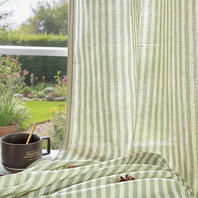 jinchan Linen Curtains 90 inch Sage Green Stripe on Beige Grommet 2 Panels | Curtains for Living Room Bedroom,Ticking Stripe Pattern,Pinstripe Farmhouse Rustic,Window Treatment,Light Filtering