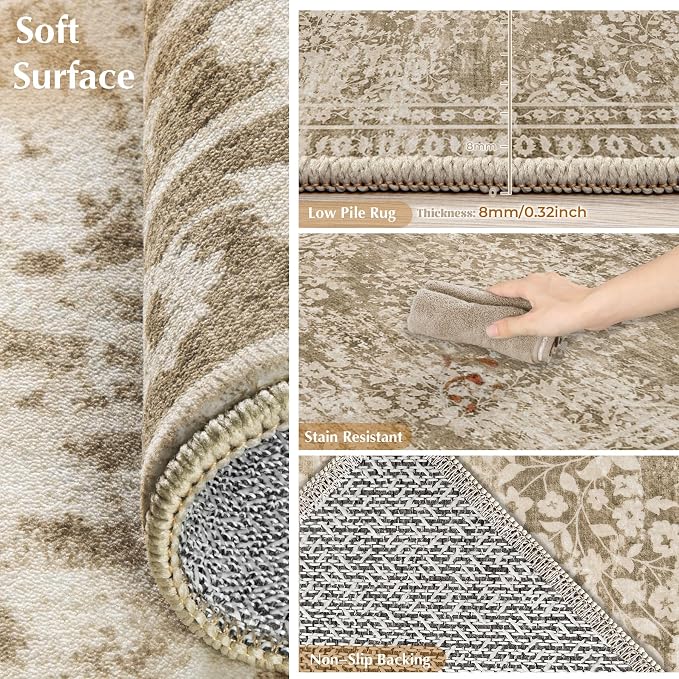 Vintage Living Room Area Rug - 9x12 Large Machine Washable Boho Area Rug Distressed Floral Rugs for Bedroom, Soft Non-Slip Indoor Floor Accent Rugs for Office Dining Room (Floral Brown, 9'x12')