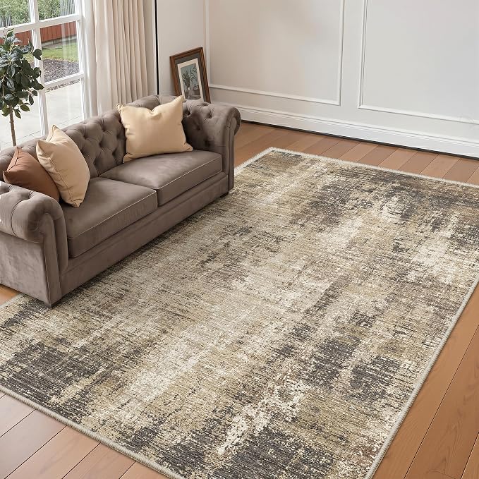 Valenrug Washable Rugs 5x7 - Stain Resistant 5x7 Area Rugs for Living Room, Non Slip Backing Abstract Rugs for Bedroom, Folable Machine Washable Area Rug(5'x7', Taupe)