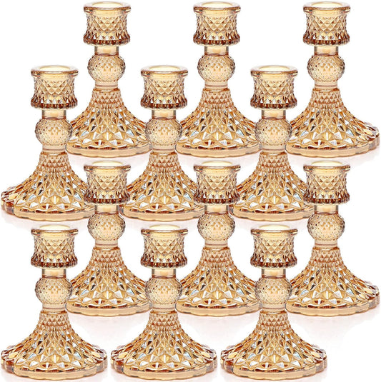 Candlestick Holders Set, 12Pcs 4" H Taper Candle Holders Bulk, Glass Candle Holders for Wedding, Festival, Party & Windowsill Decor, Gold