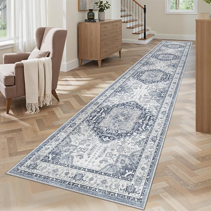 Madane Washable Runner Rugs 2x12 Long for Hallway Kitchen Soft, Navy/White | Non-Slip Vintage Printed 12ft Rug Runners with Rubber Backing, Low-Pile Floor Carpet Laundry Room Entryway, Corridor