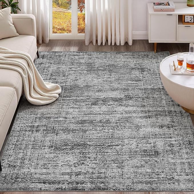 UERMEI 7x9 Area Rug Living Room Rugs - Washable Neutral Modern Abstract Soft Thin Rug Indoor Floor No Slip Rug Carpet for Bedroom Under Dining Table Home Office Decor - Dark Gray