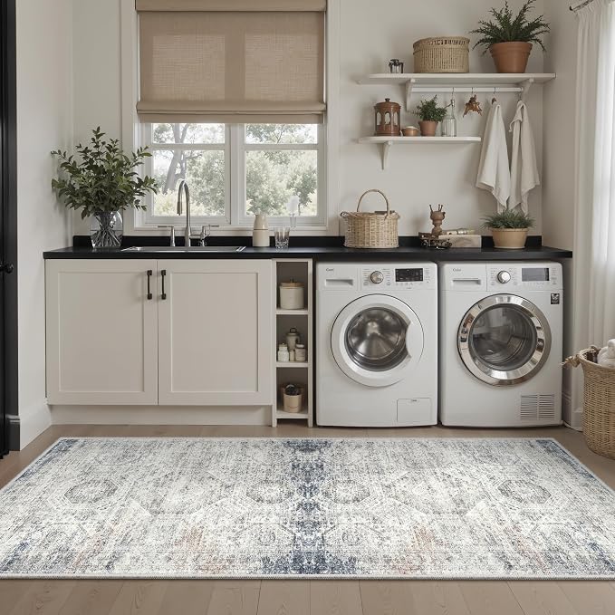 Soalmost Runner Rug 2x5 Washable Non-Slip Kitchen Runner Rugs for Bathroom Laundry Room Blue Ivory Vintage Floor Carpet Runners for Hallway Entryway