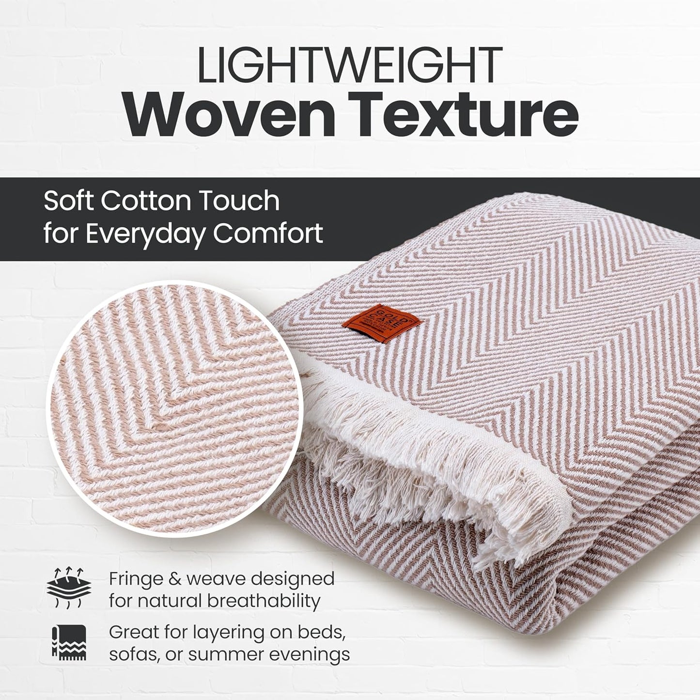 Gold Case Throw Blanket for Bed – 100% Recycled Turkish Cotton Bed Blanket – Decorative Throw Cotton Blankets for Living Room & Bedroom – Woven Twin Blankets - 71x90 - Elegant Beige