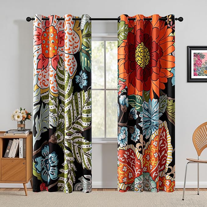 MYSKY HOME Black Boho Floral Blackout Curtains 95 inch 2 Panels Set for Living Room Dining Room Thermal Insulated Room Darkening Energy Saving with Patterned Flower Design Grommet Drapes, 52" Wide