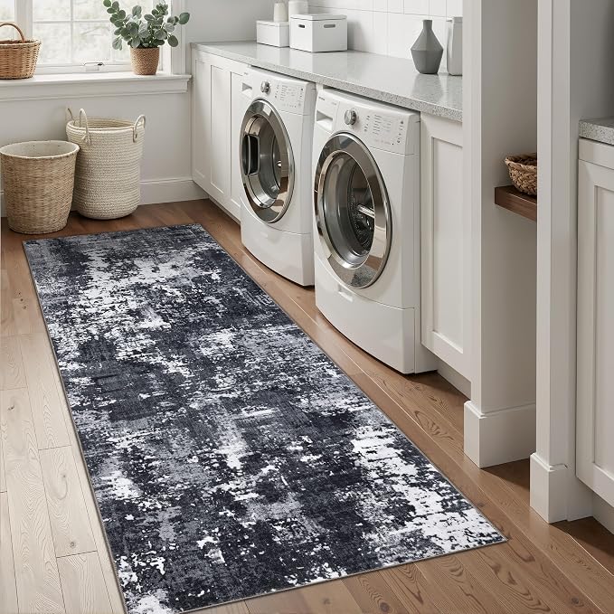Sasttie 2x8 Soft Runner Rug for Entryway, Modern Abstract Washable Carpet for Hallway, Kitchen and Laundry Room, with Non-Slip Backing, Black and White