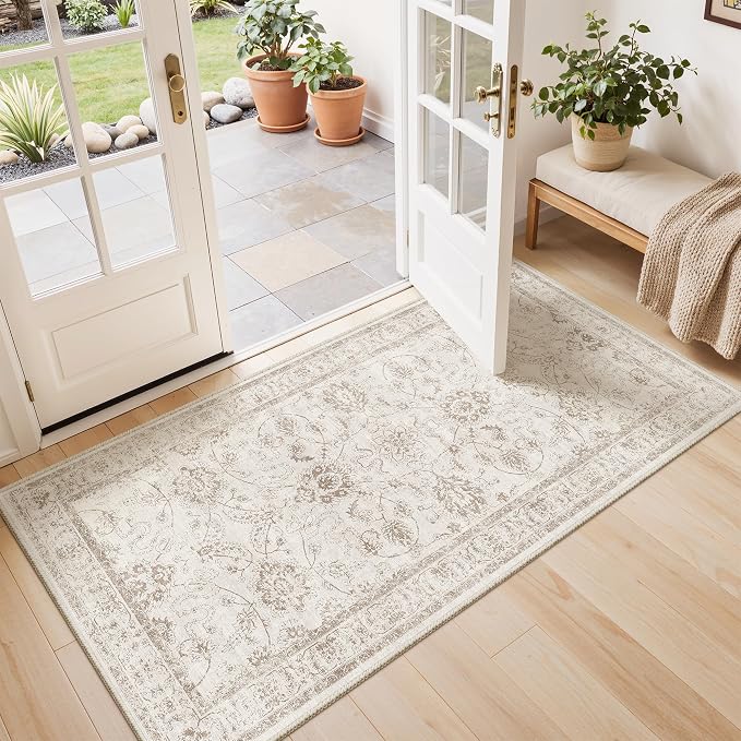 Madane 2x4 Washable Rugs for Entryway, Low Pile Non-Slip Small Area Rug Kitchen Door Mat, Vintage Soft Throw Neutral Rug Floor Mat for Indoor Front Entrance Bathroom Hallway (2 x 4, Brown/Ivory)