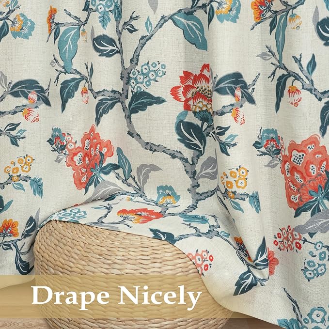 DriftAway Ada Floral Botanical Print Flower Leaf Lined Thermal Insulated Room Darkening Blackout Window Curtains 2 Layers Set of 2 Panels Each 52 Inch by 120 Inch Orange Teal Beige Linen