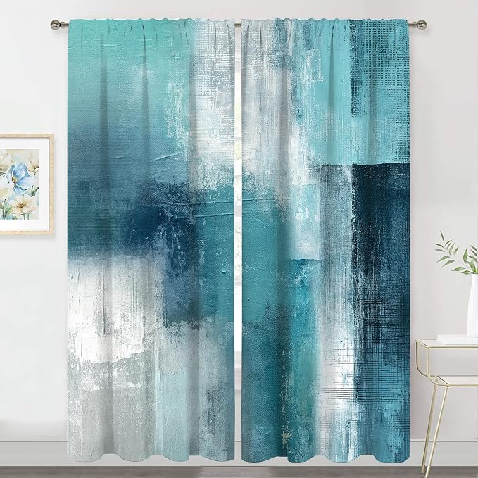 MESHELLY Turquoise and Grey Abstract Curtains 52W x 84H Rod Pocket Blue Teal Gray Art Painting Bay Modern Contemporary Watercolor Background Oil Cool Printed Living Room Bedroom Window Fabric 2 Panels