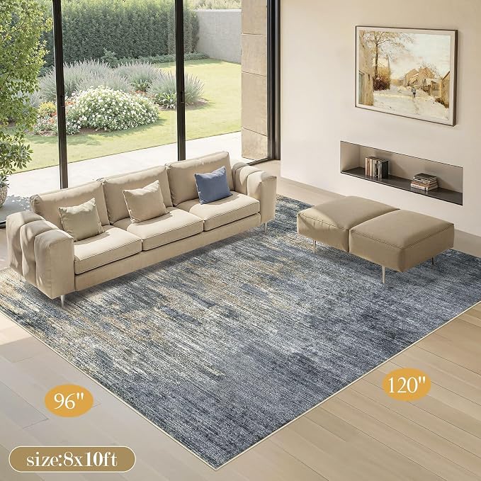 Area Rugs 8x10 Living Room: Washable Large Abstract Modern Neutral Soft Rug Stain Resistant Non-Slip Backing Carpet for Bedroom Dining Room Indoor Nursery Dorm Home Office Decor - Blue Gold