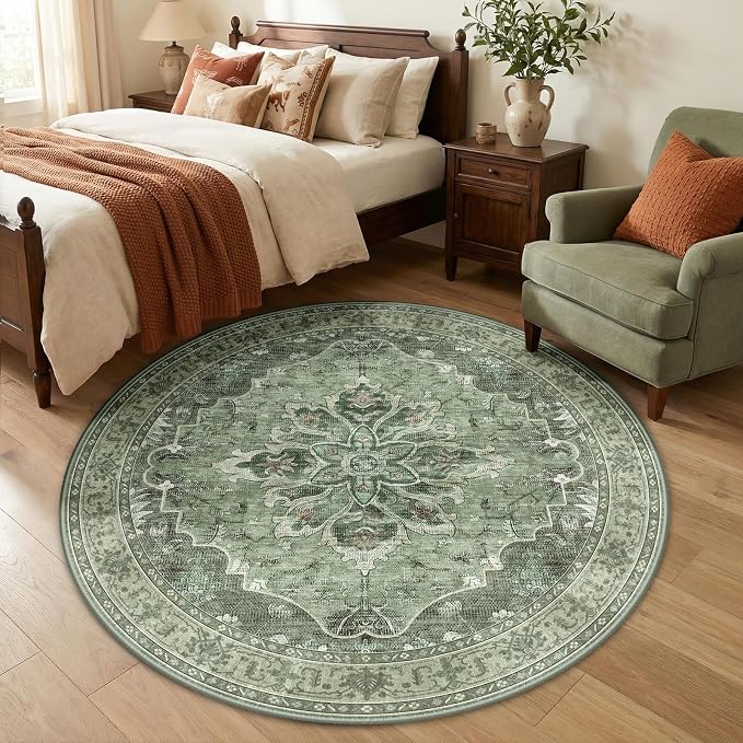 RELEANY Area Rugs Round 5ft Washable Non-Slip, Floral Vintage Distress Medallion Carpet for Living Room Bedroom Dining Room, Dark Green Gray