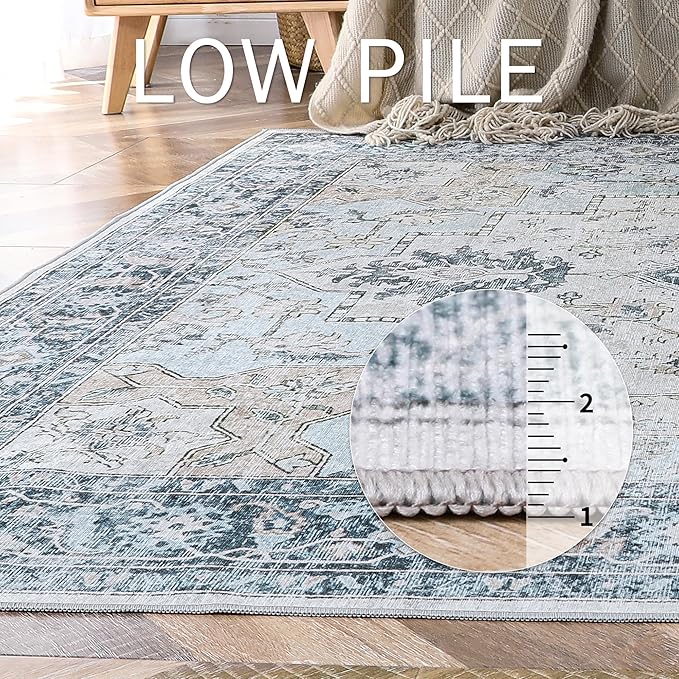 GENIMO 3x5 Area Rugs for Living Room, Machine Washable Rug, Non Slip Vintage Rugs, Low Pile Lightweight Chenille Print Rug for Bedroom, Dining Room, Home Office, Blue