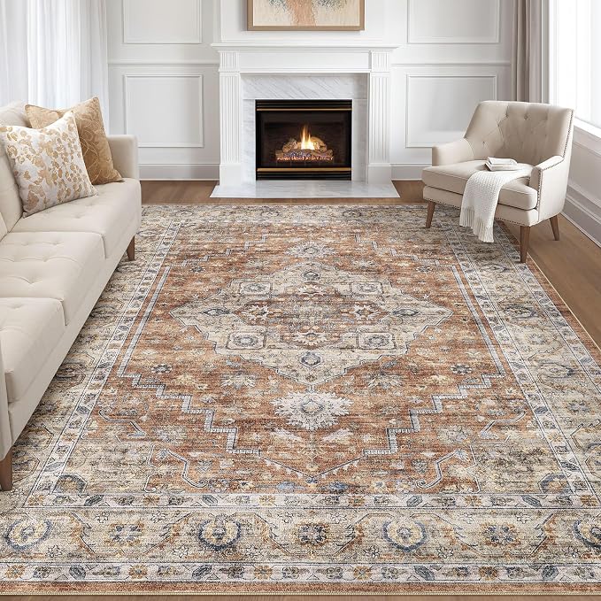 8x10 Area Rugs Living Room: Washable Boho Large Neutral Vintage Soft Rug Stain Resistant Farmhouse Non-Slip Indoor Floor Carpet for Bedroom Nursery Kids Playroom Office Dining Room- Terracotta