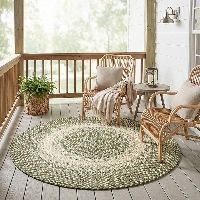 Super Area Rugs Braided Rugs Round 4ft Farmhouse Kitchen Rug - Ridgewood Braided Rug for Dining Room Table - Reversible - Indoor/Outdoor - Made in USA - Forest Green/Beige, 4' Round