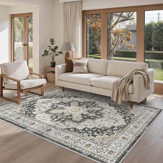 Madane Area Rug 4x6 Washable Rugs Vintage for Living Room, Black | Ultra-Thin Stain Resistant Vintage Large 4'X6' Carpet, Soft Low Pile Floor Mat For Bedroom Dining Room Office Home Decor