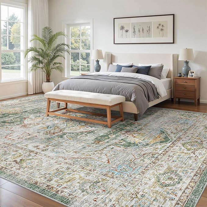 befbee 10x14 Area Rugs,Ultra-Thin Washable Rugs for Living Room,Non-Slip Lightweight Foldable Area Rug,Stain Resistant Vintage Large Rugs (Green,10'x14')