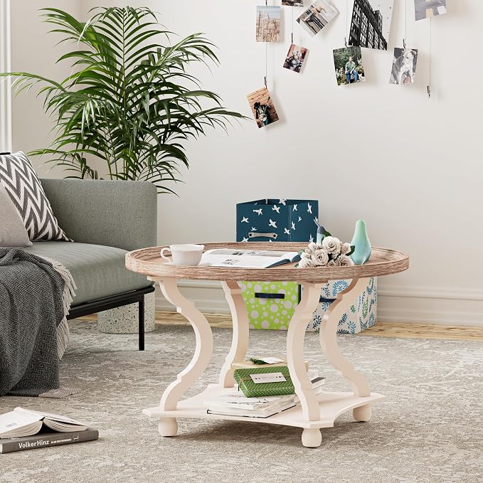 COZAYH Round Farmhouse Coffee Table, Wood Tray Top, White, Circle | Coffee Table with Storage, Rustic Coffee Table, Small Round End Table, Round Wood Accent Table