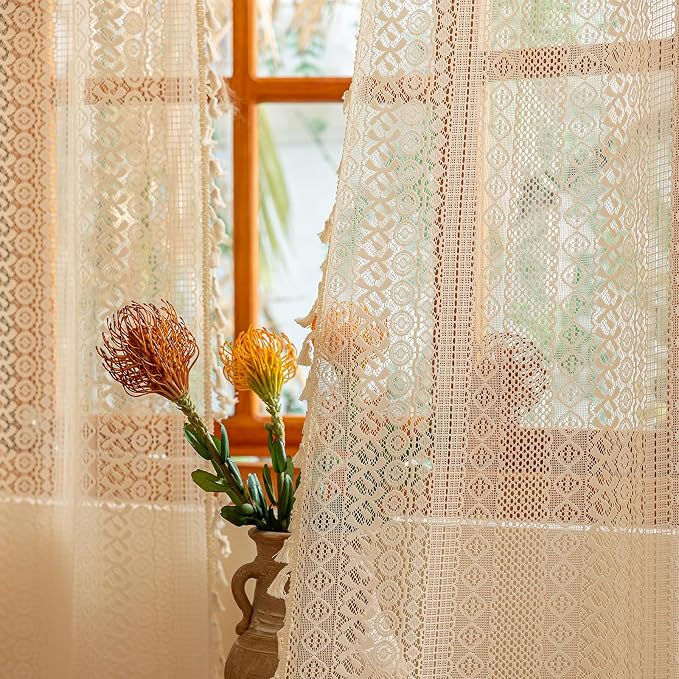 Sutuo Home Beige Boho Lace Curtains 84 inches Long,Crochet Macrame Bohemian Drape Farmhouse Vintage Chic Tassels,Cream Sheer Window Curtains for Living Room&Bedroom Decor Rod Pocket, 2 Panels 50" W