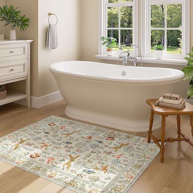 DUKINO 3x4 Washable Entryway Rug, Vintage Animal Ultra Soft Kitchen Area Rug with Non Slip Backing, Low Pile & Stain Resistant Indoor Door Mat for Bathroom, Bedroom, Laundry Room, Office, Beige