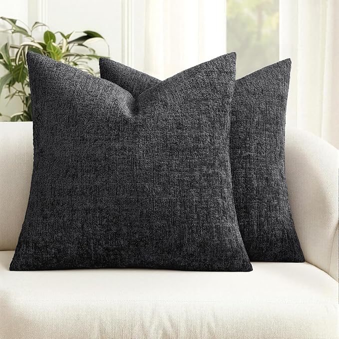MIULEE Decorative Throw Pillow Covers 24x24 Pack of 2 Black Couch Pillow Covers Soft Cozy Textured Chenille Pillowcases for Home Decor Sofa Living Room Cushion Bedroom