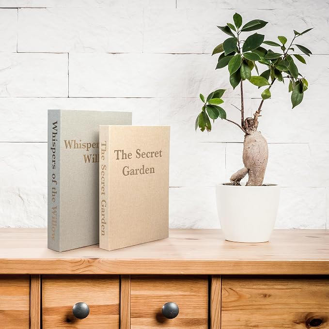 Decorative Linen Storage Books Set of 2 – Aesthetic Faux Book Keepsake Box with Hidden Magnetic Closure for Coffee Table Decor, Bookshelf Styling, Neutral Modern Home Decor (Sage & Beige)