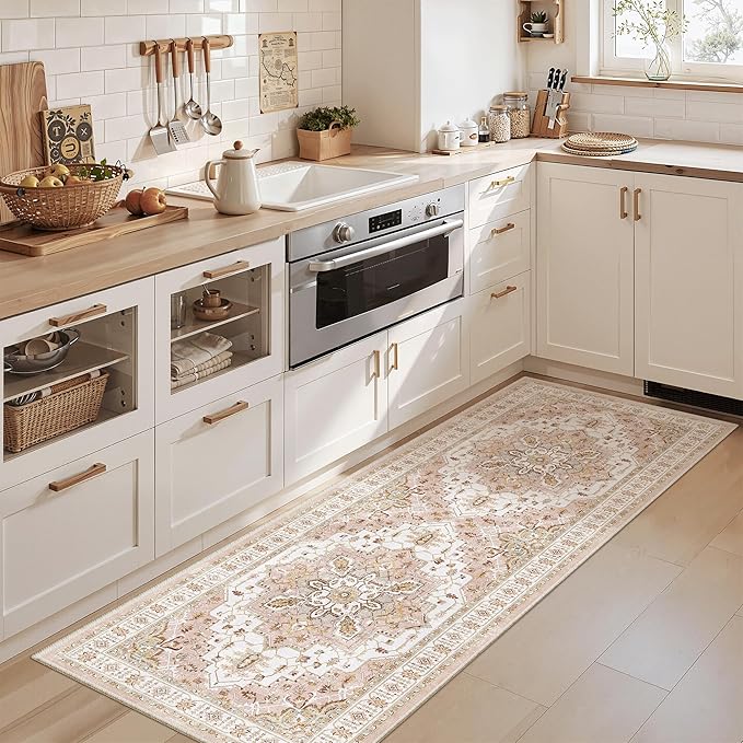 Madane Washable Runner Rug 2x6 Runners for Hallways Non Slip, Pink | Vintage Stain-Resistant 6 Feet Kitchen Rug, Soft Low-Pile Ultra-Thin Floor Carpet Mat for Bathroom Laundry Room Bedroom 2x6ft