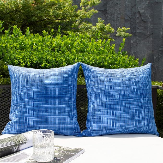 Kevin Textile Pack of 2 Decorative Outdoor Waterproof Throw Pillow Covers Stripe Square Pillowcases Modern Cushion Cases for Patio Couch Bench 18 x 18 Blue
