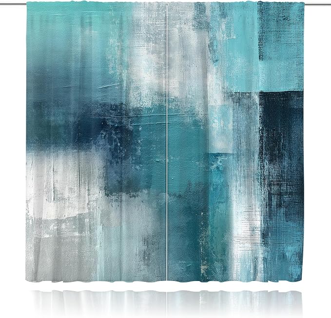 MESHELLY Turquoise and Grey Abstract Curtains 52W x 84H Rod Pocket Blue Teal Gray Art Painting Bay Modern Contemporary Watercolor Background Oil Cool Printed Living Room Bedroom Window Fabric 2 Panels