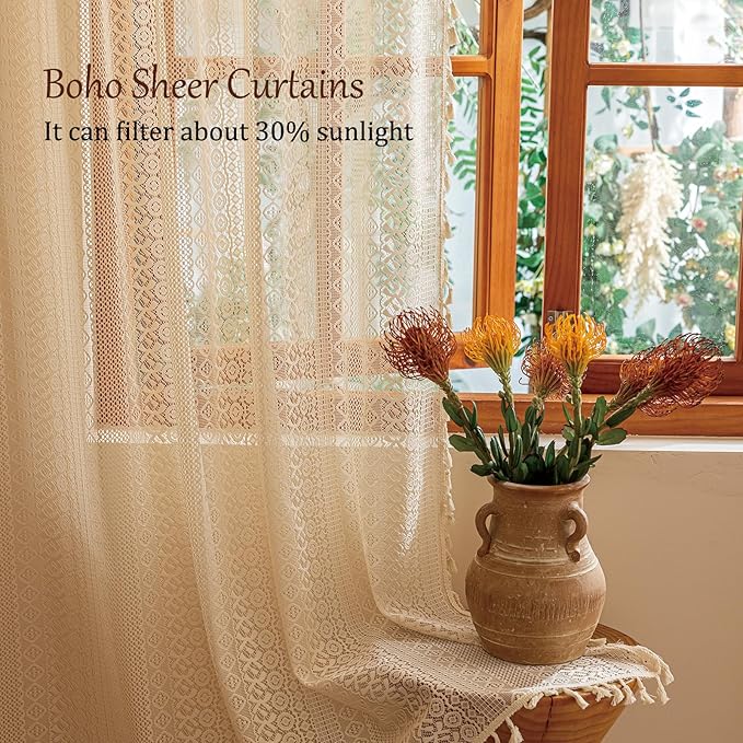 Sutuo Home Beige Boho Lace Curtains 96 inches Long for Living Room Dining Room,Sheer Window Curtains Farmhouse Privacy Crochet Vintage Tassels Rustic Victorian Style Rod Pocket Decor, 2 Panels 50" W