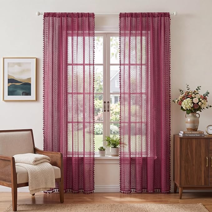 WAZZIO Boho Lace Curtains 84 Inches 2 Panel,Light Filtering Privacy Tassel & Geometry Crochet Semi Sheer Curtain Drapes for Bedroom Living Dining Room,Rod Pocket & Tassel,Burgundy Red