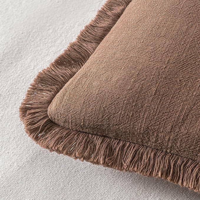 MIULEE Decorative Throw Pillow Covers Neutral Linen Fringe Throw Pillows Euro Shams Set of 2 Dark Coffee Boho Farmhouse Cushion Covers for Couch Sofa Bed Living Room Fall Home Decor 28x28 Inch