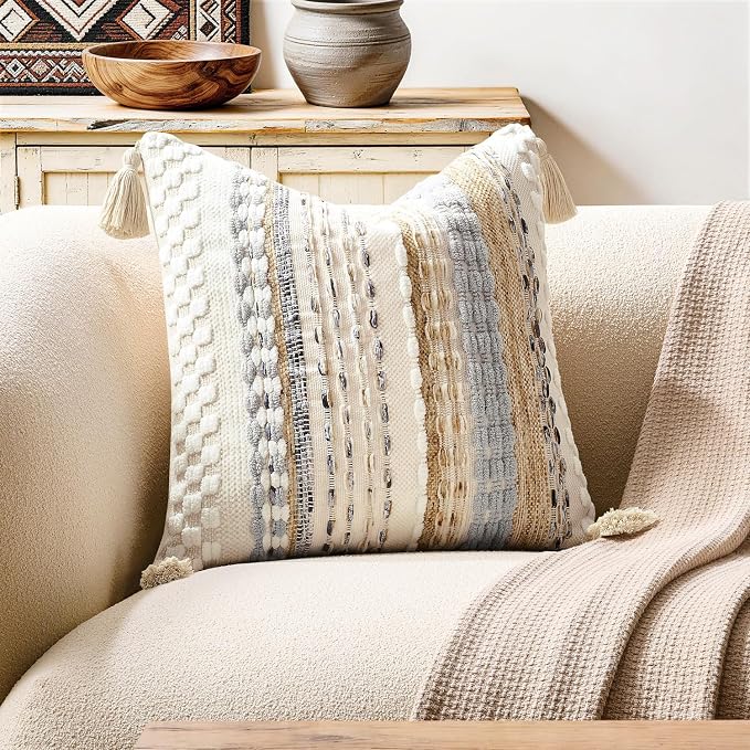 Kevin Textile 18x18 Inch Throw Pillow Cover 1 Pack Boho Decorative Soft Chenille Thread Woven Tufted Textured Square Cushion Case Farmhouse Accent for Living Room Couch Sofa Bed, Beige
