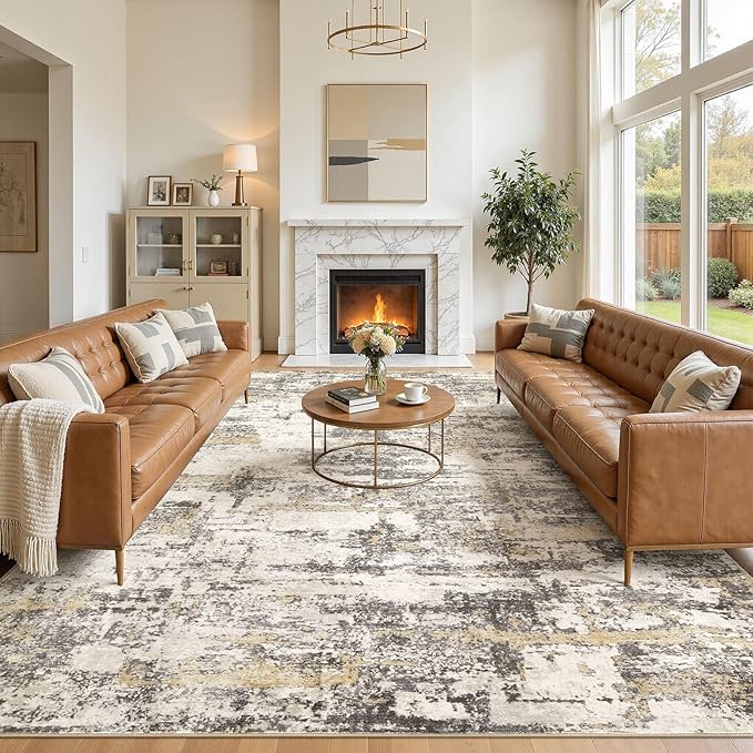 Area Rugs for Living Room: Abstract Washable Rug Modern Neutral Large Soft Stain Resistant Non-Slip Backing Machine Table for Bedroom Dining Room Indoor Home Office Carpet - 12x15 Gold Brown