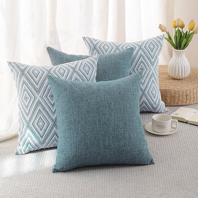 HPUK Throw Pillow Covers 18x18 Inch Set of 4, Blue Linen-Textured Decorative Pillow Covers, Square Accent Cushion Covers for Couch Sofa Bed Bedroom Living Room Decor, Covers Only