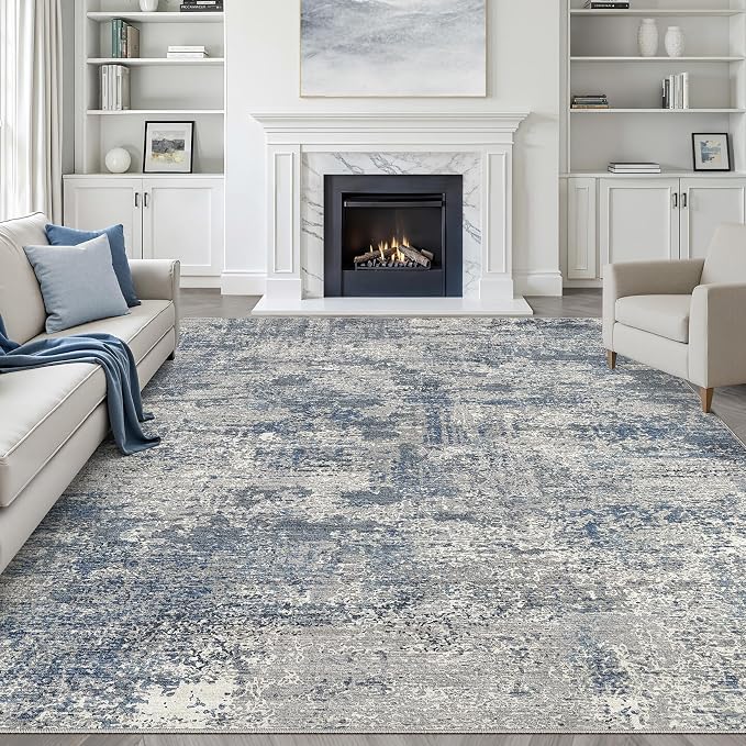 10x12 Area Rug Living Room: Washable Large Neutral Rug Abstract Soft Modern Stain Resistant Indoor Floor Non-Slip Carpet for Bedroom Nursery Kids Office Playroom Dining Room Under Table- Blue Gray