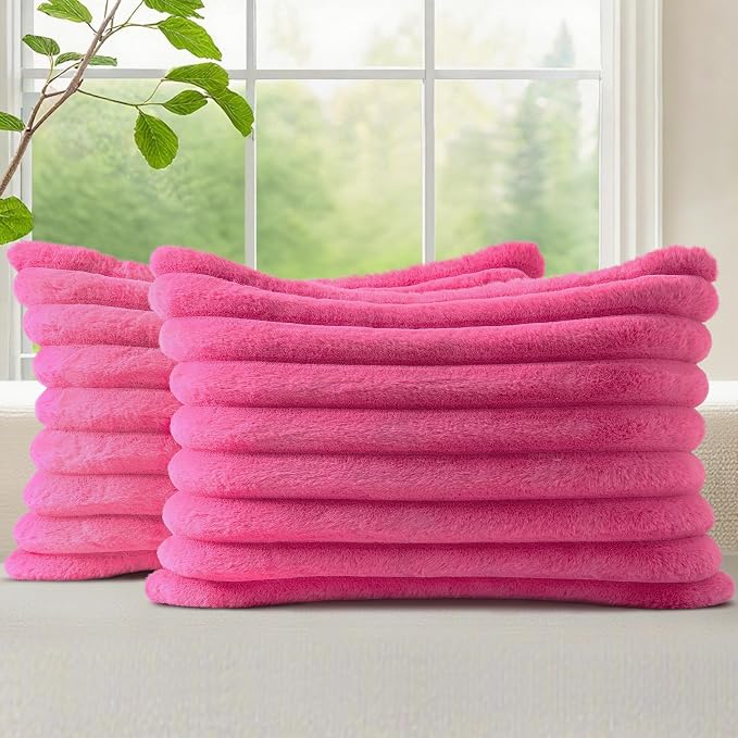 decorUhome Fall Cozy Faux Fur Throw Pillow Covers 12x20 Set of 2 Decorative Soft Plush Striped Lumbar Modern Farmhouse Boho Couch Pillow Cases with Velvet Back for Sofa Bed Living Room, Hot Pink