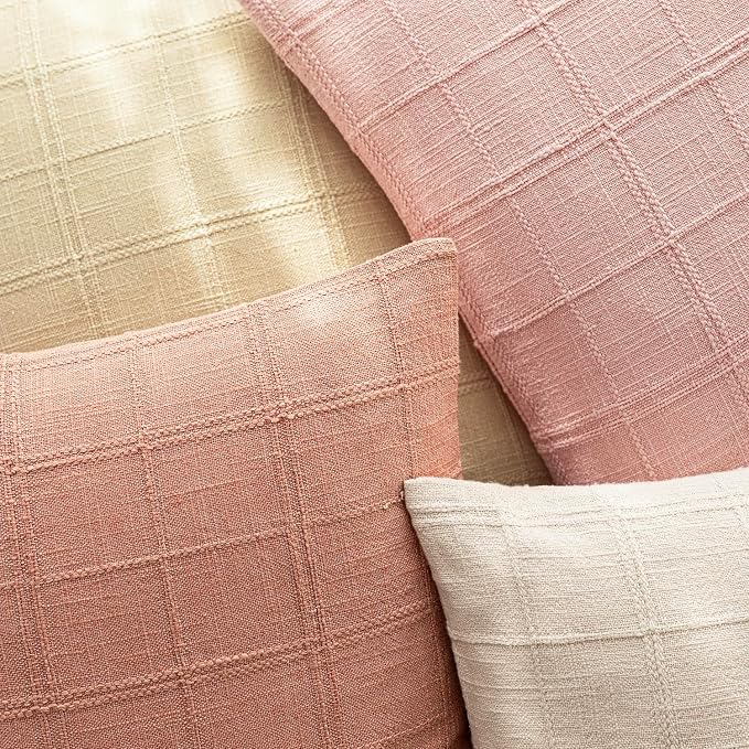 Foindtower Set of 2 Decorative Linen Check Throw Pillow Covers Neutral Farmhouse Vintage Cushion Covers Modern Boho Accent Home Decor for Sofa Chair Couch Bedroom Living Room,18×18 Inch,Coral Pink