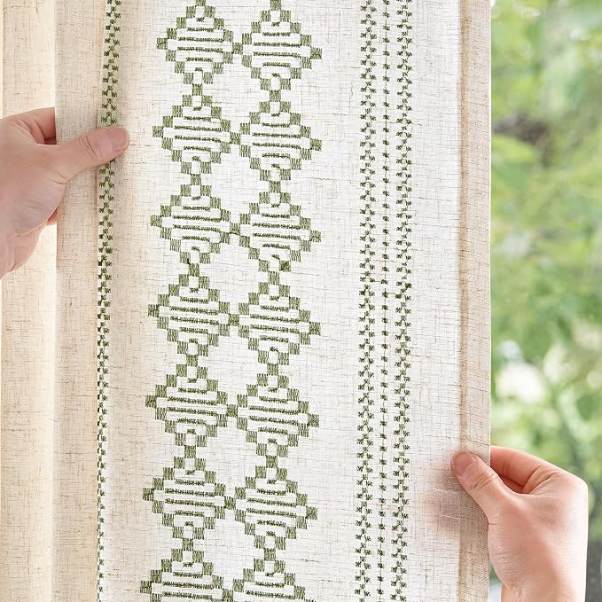 jinchan Boho Curtains Linen Blend Beige Farmhouse Curtains 63 Inches Long for Living Room Sage Green Square Embroidered Bordered Back Tab Bedroom Window Light Filtering Bohemian Drapes 2 Panels