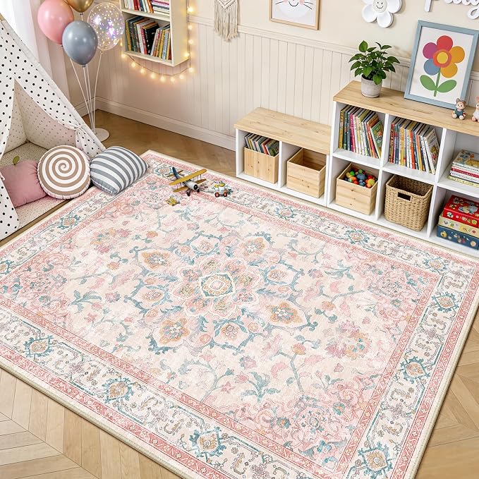 CAPALOCA Machine Washable Rugs Nursery Rug 6x9 Cute Girl Non Slip Low Pile Water Repellent Soft Print Pattern for Bedroom Indoor Decor Kids Playroom Pink Teal