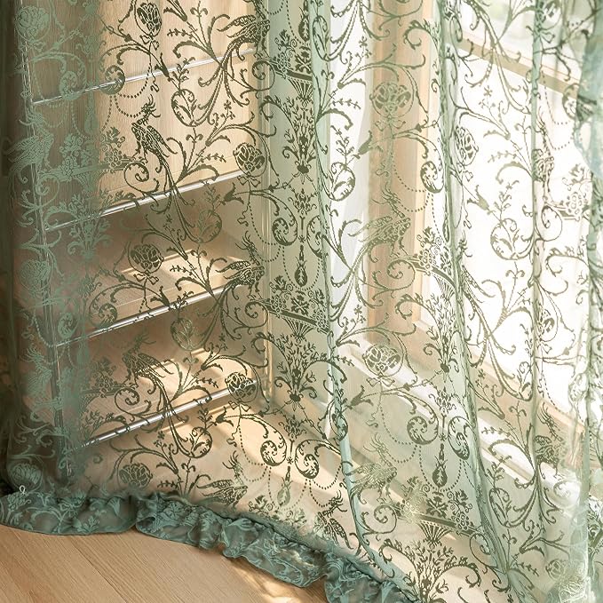 TUDECO Green Lace Curtains 72 Inch Length 2 Panels - Victorian Olive Sheer Spring Floral Curtains for Bedroom Nursery Boho Ruffle Privacy for Doorway Closet Rod Pocket,59 x 72 Inch, Olive Green