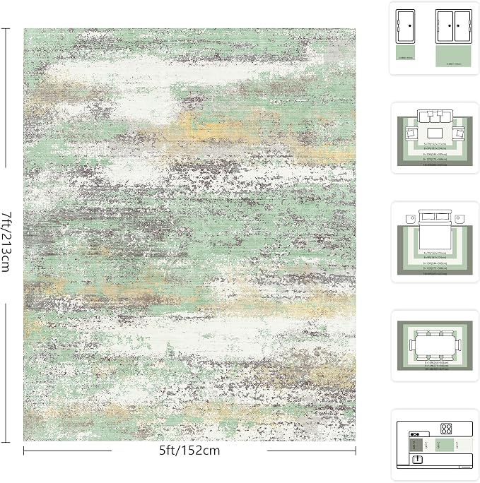 5x7 Area Rugs, Abstract Modern Ultra Soft Washable Rug, Non Slip Carpet with Rubber Back Stain Resistance Rugs for Living Room, Bedroom, Dining Room Decor(Light Green/Cream)