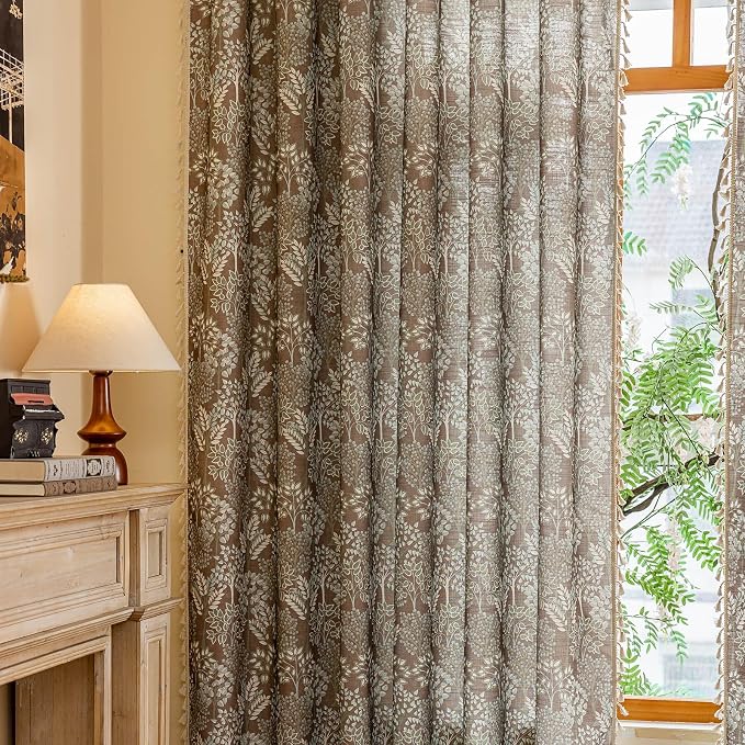 OYX Boho Floral Curtains 84 Inch Length 2 Panels, Linen Farmhouse Curtains Light Filtering Drapes with Tassels for Bedroom Living Room, Vintage Rustic Printed Rod Pocket