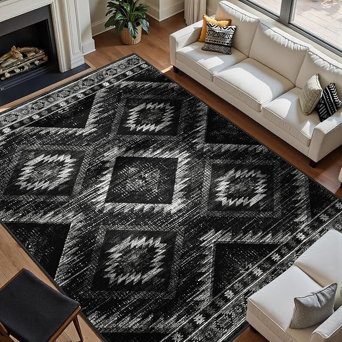 BESTSWEETIE Area Rug 9x12 Rug Machine Washable Non-Slip Low Pile Print Pattern Western Rug for Living Room Bedroom Entryway Tribal Series -Black